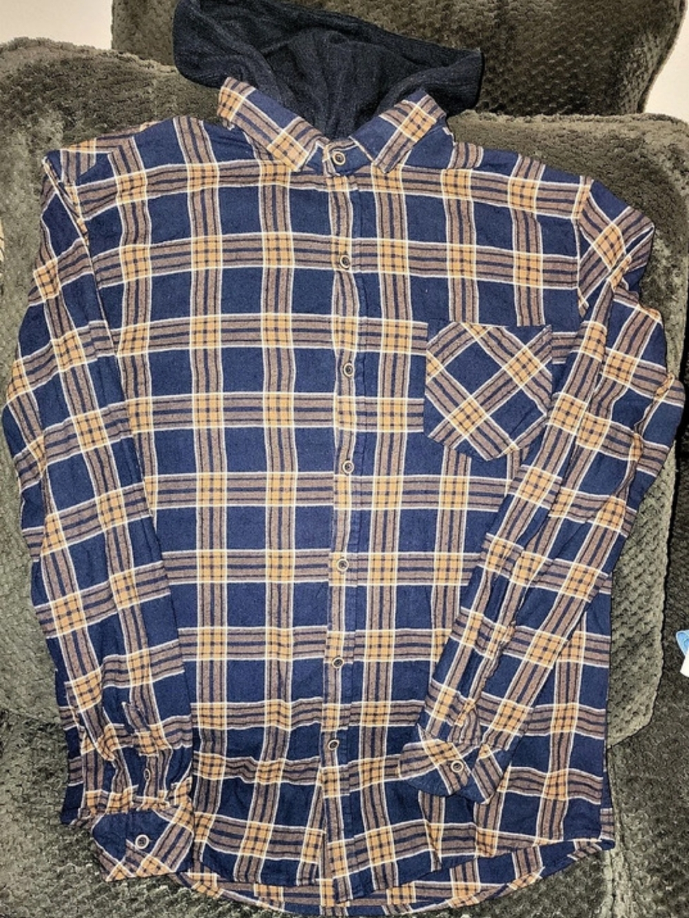 Sonoma Plaid Hooded Button Down Shirt in Blue & Yellow Like New